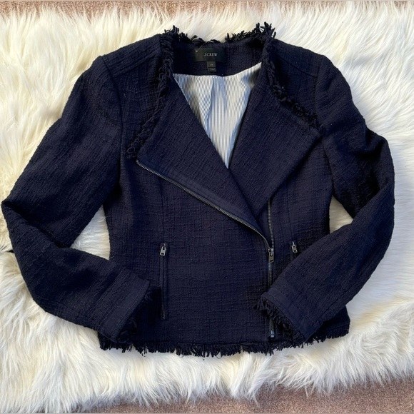 J. Crew Tweed Motorcycle Jacket with Fringe Navy Blue Moto Boucle - Picture 2 of 6